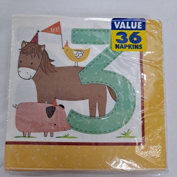 Third Birthday Barnyard Party Napkins Farm Animal Horse Chicken Pig Green 36 ct - Picture 2 of 5